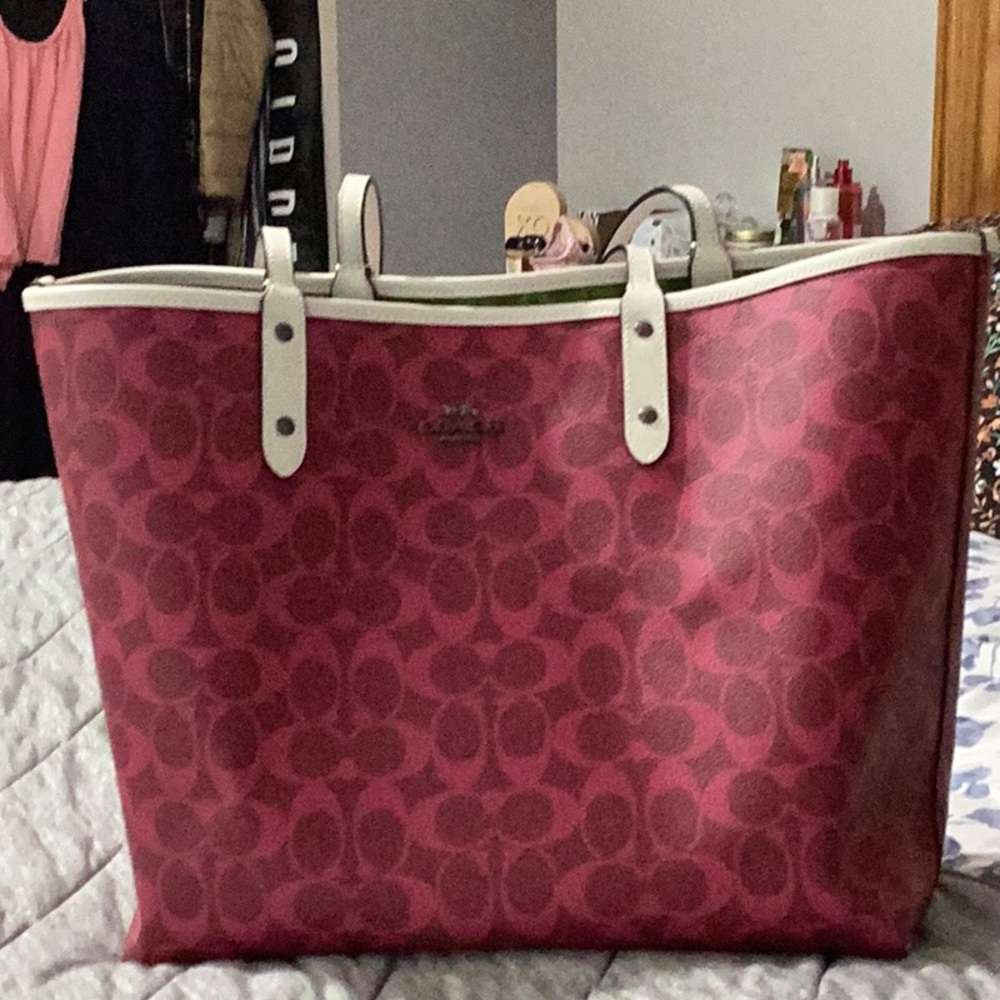 Coach Green & Fuchsia Signature Reversible City Tote